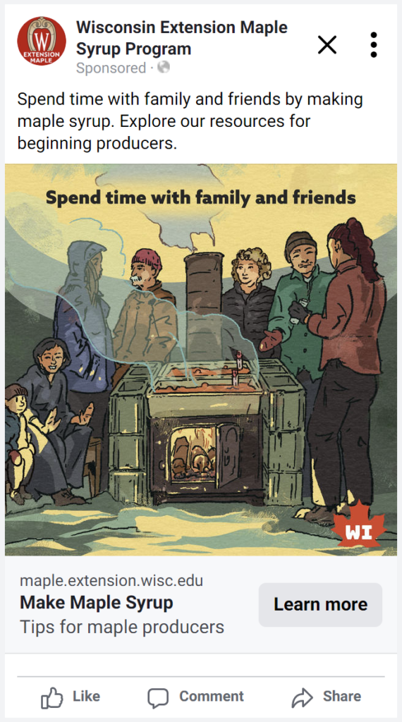 Screenshot of Facebook ad that says "Spend time with family and friends."