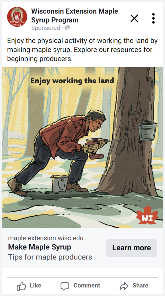 Screenshot of Facebook ad that says "Enjoy working the land."