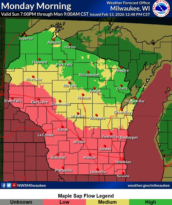 Wisconsin map with sap flow forecast colors